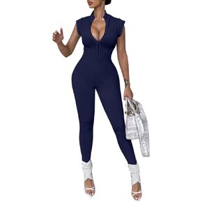ZileZile Women's Sexy Bodycon Sleeveless High Waist V Neck Zipper Club Jumpsuit