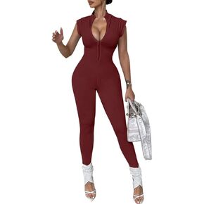ZileZile Women's Sexy Bodycon Sleeveless High Waist V Neck Zipper Club Jumpsuit