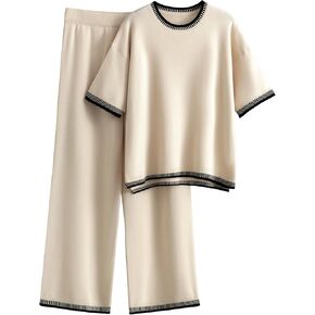 أطقم سترات نسائية من Tanming مكونة من قطعتين ملابس بأكمام قصيرة وقمصان محبوكة بأرجل واسعة in Kuwait