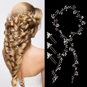 Nljihkure Bride Wedding Crystal Hair Vine Hair Accessories Extra Long Pearl and Beads Bridal Hair Vine Headband Head Pieces for Women and Girls (Silver)