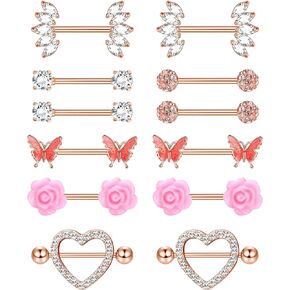 HAIAISO 6 Pairs 14G Stainless Steel Nipple Rings Tongue Ring CZ Barbell Heart-Shape Flower Butterfly Nipple Piercing Jewelry for Women
