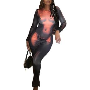 Womens Sexy Fashion 3D Printing Elegant Bodycon Long Sleeve Wrap Front Basic Maxi Long Dress Party Clubwear