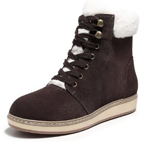 DUNION Doe Women's Waterproof Leather Ankle Round Toe Winter Boot Lace Up Padded Collar Sneaker Casual Bootie