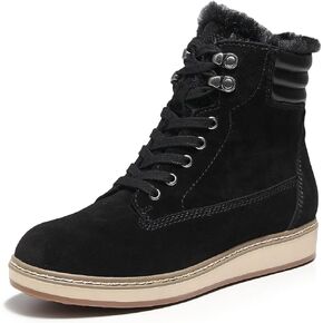 DUNION Doe Women's Waterproof Leather Ankle Round Toe Winter Boot Lace Up Padded Collar Sneaker Casual Bootie