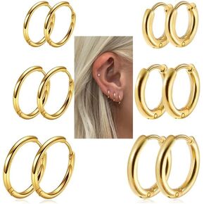 Sweetkiki 6 Pairs Small Gold Hoop Earrings Set, Hypoallergenic Huggie Hoop Earrings in 14K Gold Plated for Sensitive Ears, Leightweight 24/7 Cartilage Hoop Earring for Women Men