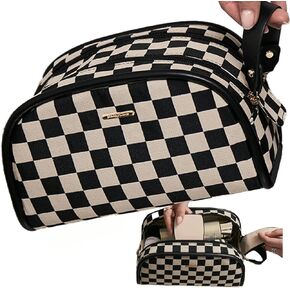 Vintage Black Double Zippers Checkered Large Capacity Cosmetic Bag with Compartments Skincare Bag for Women Makeup Bag (Black)