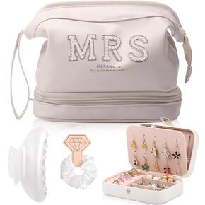 Bride Wedding Makeup Bag Large Double Layers Cosmetic Bag Travel Jewelry Box Claw Hair Clip Bridal Hair Tie for Women Bridal Shower Gift Engagement Present, White
