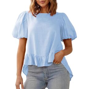 Imily Bela Womens Puff Short Sleeve T Shirts High Low Asymmetrical Ruffle Hem Casual Crewneck Tops Blouses