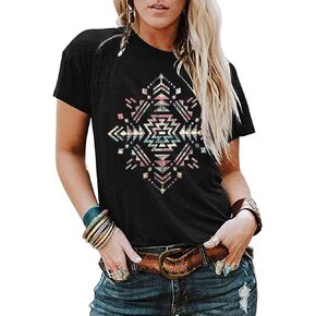 SUPEYA Aztec Shirts for Women Funny Geometric T-Shirt Retro Western Tee Shirt Casual Short Sleeve Ethnic Tops