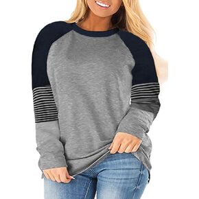 ROSRISS Plus-Size Tops for Women Raglan Short/Long Sleeve Color Block Striped T-Shirts