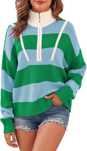 بلوفر نسائي بأكمام طويلة ونصف سحاب وياقة على شكل V مخططة ومضلعة ومحبوكة كبيرة الحجم in Kuwait