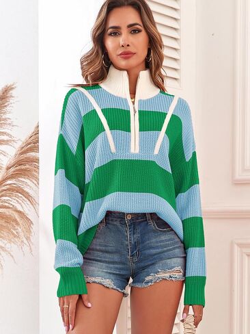 بلوفر نسائي بأكمام طويلة ونصف سحاب وياقة على شكل V مخططة ومضلعة ومحبوكة كبيرة الحجم in Kuwait