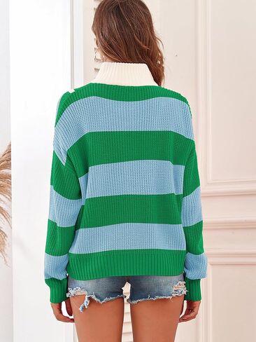 بلوفر نسائي بأكمام طويلة ونصف سحاب وياقة على شكل V مخططة ومضلعة ومحبوكة كبيرة الحجم in Kuwait