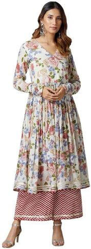 مجموعة كورتا بالازو للنساء بأكمام طويلة ورقبة على شكل حرف V ملابس عرقية هندية مطبوعة كورتي هندية عرقية عاجية كستنائي in Kuwait