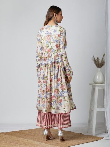 مجموعة كورتا بالازو للنساء بأكمام طويلة ورقبة على شكل حرف V ملابس عرقية هندية مطبوعة كورتي هندية عرقية عاجية كستنائي in Kuwait