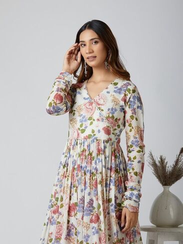 مجموعة كورتا بالازو للنساء بأكمام طويلة ورقبة على شكل حرف V ملابس عرقية هندية مطبوعة كورتي هندية عرقية عاجية كستنائي in Kuwait