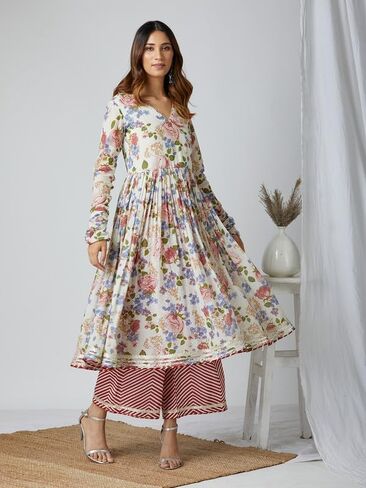 مجموعة كورتا بالازو للنساء بأكمام طويلة ورقبة على شكل حرف V ملابس عرقية هندية مطبوعة كورتي هندية عرقية عاجية كستنائي in Kuwait