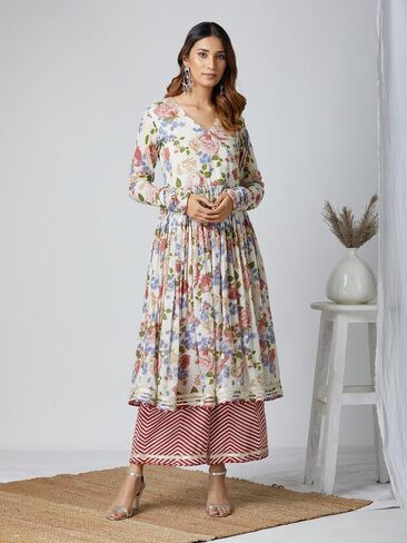 مجموعة كورتا بالازو للنساء بأكمام طويلة ورقبة على شكل حرف V ملابس عرقية هندية مطبوعة كورتي هندية عرقية عاجية كستنائي in Kuwait