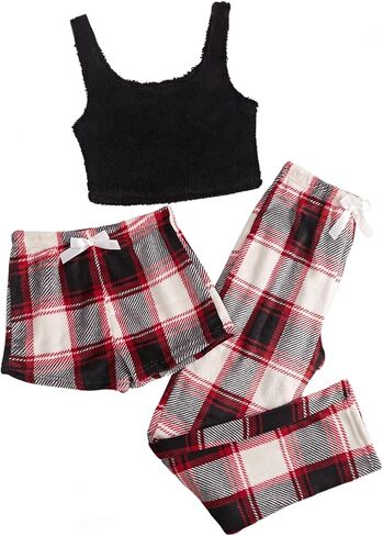 Verdusa Women's 3 Piece Plaid Print Fuzzy Flannel Tank Top Shorts and Pants Pajama Sets in Saudi Arabia