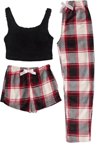 Verdusa Women's 3 Piece Plaid Print Fuzzy Flannel Tank Top Shorts and Pants Pajama Sets in Saudi Arabia