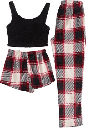 Verdusa Women's 3 Piece Plaid Print Fuzzy Flannel Tank Top Shorts and Pants Pajama Sets in Saudi Arabia