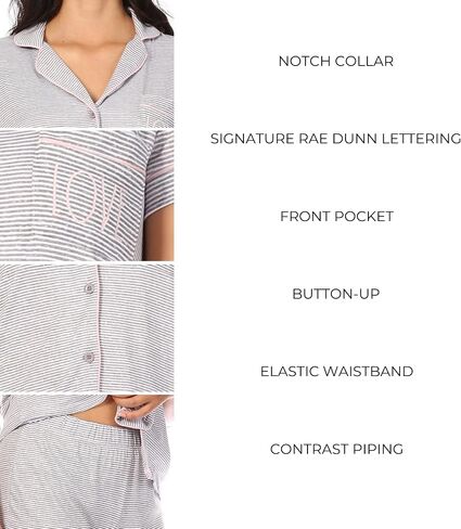 Rae Dunn Women's LOVE Short Sleeve Button Up Notch Collar Shirt with Pocket and Shorts Pajama Set in Saudi Arabia