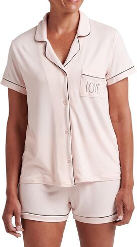 Rae Dunn Women's LOVE Short Sleeve Button Up Notch Collar Shirt with Pocket and Shorts Pajama Set in Saudi Arabia