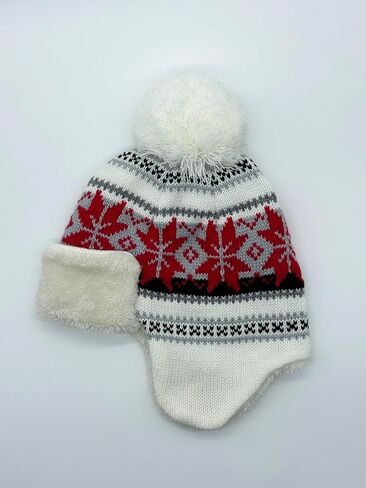 Women's Knitted Fleece Hat Winter Warm with Cute Fur Ball Outdoor Sports Fleece Hat. Red and White in Saudi Arabia