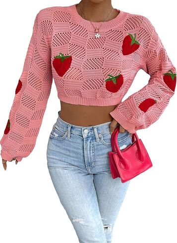 WDIRARA Women's Strawberry Cardigan Round Neck Long Sleeve Crop Sweater Drop Shoulder Knit Tops in Saudi Arabia