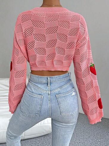 WDIRARA Women's Strawberry Cardigan Round Neck Long Sleeve Crop Sweater Drop Shoulder Knit Tops in Saudi Arabia