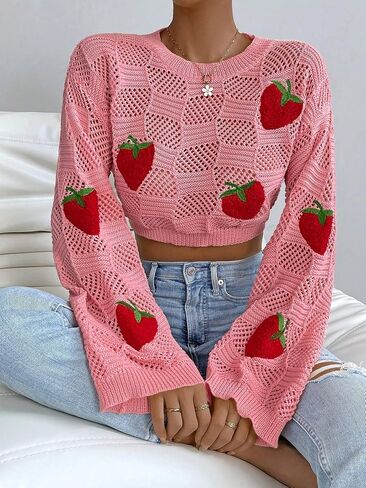 WDIRARA Women's Strawberry Cardigan Round Neck Long Sleeve Crop Sweater Drop Shoulder Knit Tops in Saudi Arabia