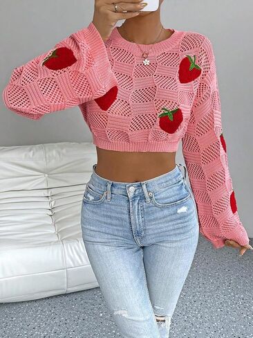 WDIRARA Women's Strawberry Cardigan Round Neck Long Sleeve Crop Sweater Drop Shoulder Knit Tops in Saudi Arabia