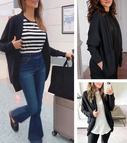 سترة نسائية من Airy Essentials Cocoon كارديجان كبيرة الحجم مفتوحة من الأمام بأكمام جناح الخفاش مع جيوب in Kuwait