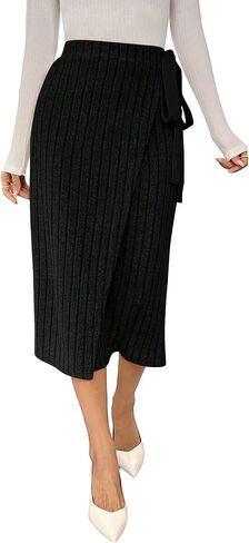 MakeMeChic Women's Casual High Waisted Wrap Knot Side Ribbed Knit Midi Skirt in Saudi Arabia