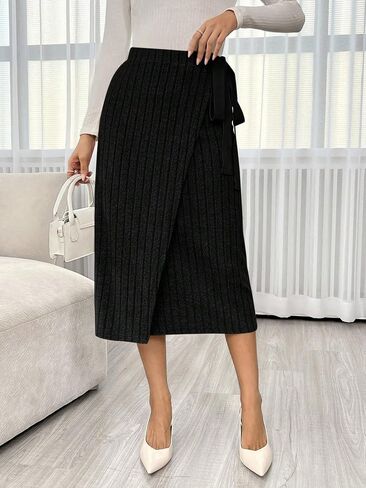 MakeMeChic Women's Casual High Waisted Wrap Knot Side Ribbed Knit Midi Skirt in Saudi Arabia