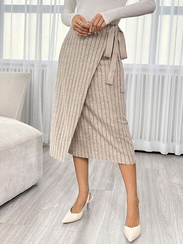 تنورة متوسطة الطول للسيدات من MakeMeChic كاجوال بخصر عالٍ وعقدة جانبية مضلعة in Kuwait