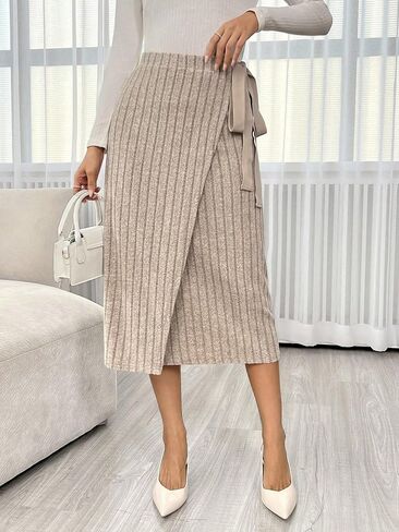 تنورة متوسطة الطول للسيدات من MakeMeChic كاجوال بخصر عالٍ وعقدة جانبية مضلعة in Kuwait