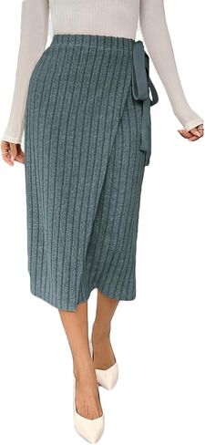 MakeMeChic Women's Casual High Waisted Wrap Knot Side Ribbed Knit Midi Skirt in Saudi Arabia