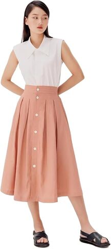 wearVAST تنورة كتان متوسطة الطول بأزرار سفلية وطيات على شكل حرف A من الكتان in Kuwait