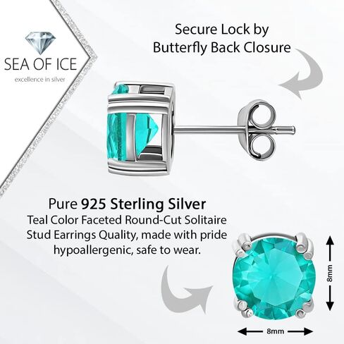 Sea of Ice Sterling Silver Round-Cut Simulated Gemstone Stud Earing for Women – Gemstone Round cut 8 mm - Elegant Sterling Silver Earrings for Women – Nickel-Free in Saudi Arabia