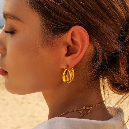 Unique Chunky Hoop Double Teardrop Earrings Chic Simple Glossy Tarnish Free Earrings,Trendy Simple Minimalist Jewelry for Women Girls in Saudi Arabia
