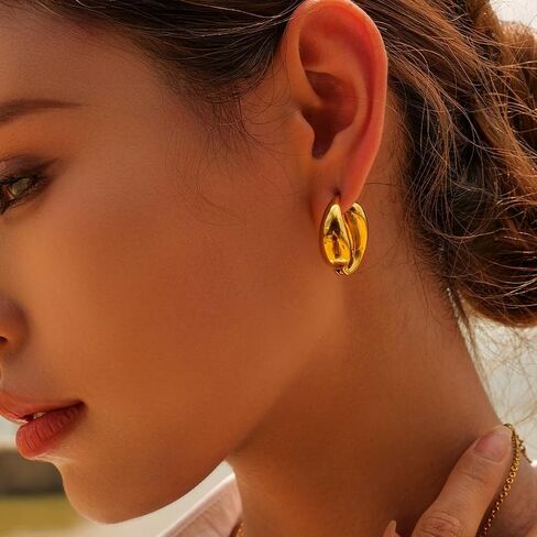 Unique Chunky Hoop Double Teardrop Earrings Chic Simple Glossy Tarnish Free Earrings,Trendy Simple Minimalist Jewelry for Women Girls in Saudi Arabia