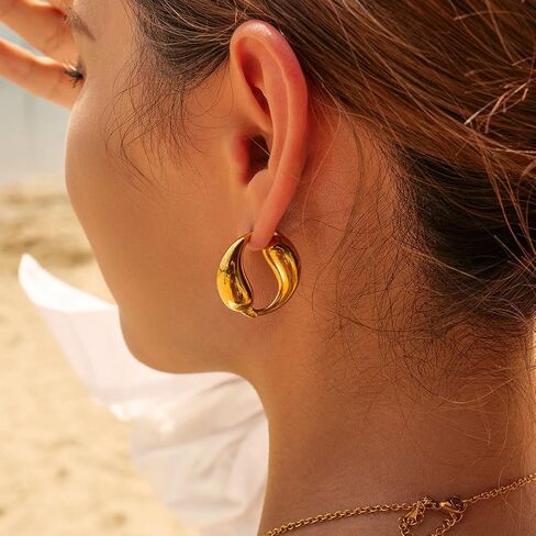 Unique Chunky Hoop Double Teardrop Earrings Chic Simple Glossy Tarnish Free Earrings,Trendy Simple Minimalist Jewelry for Women Girls in Saudi Arabia