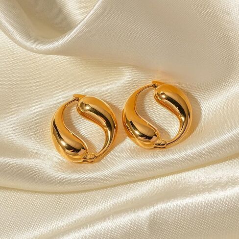 Unique Chunky Hoop Double Teardrop Earrings Chic Simple Glossy Tarnish Free Earrings,Trendy Simple Minimalist Jewelry for Women Girls in Saudi Arabia