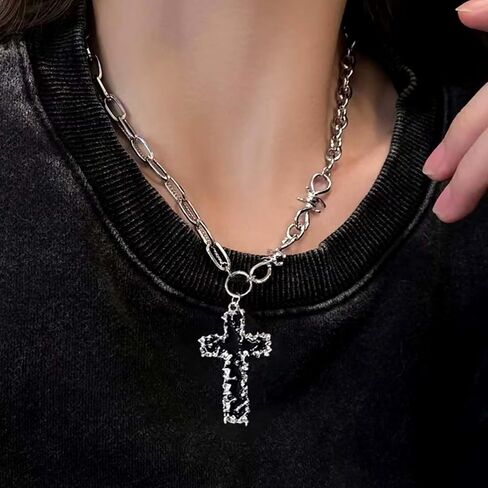 W WEILIRIAN Punk Cross Necklace Cross Pendant Necklace Silver Paperclip Chain Necklace Chunky Link Chain Necklace Jewelry for Women and Girls Gifts in Saudi Arabia