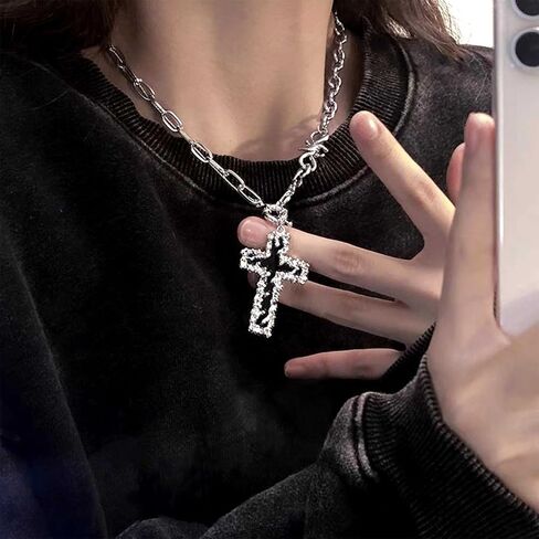 W WEILIRIAN Punk Cross Necklace Cross Pendant Necklace Silver Paperclip Chain Necklace Chunky Link Chain Necklace Jewelry for Women and Girls Gifts in Saudi Arabia