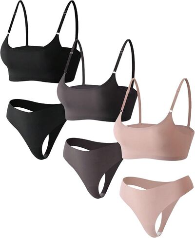 MakeMeChic Women's 3 Pack Solid Adjustable Strap Wireless Bra and Mid Rise Thongs Lingerie Sets in Saudi Arabia