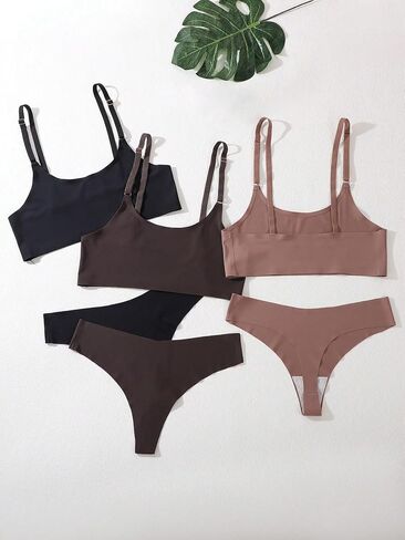 MakeMeChic Women's 3 Pack Solid Adjustable Strap Wireless Bra and Mid Rise Thongs Lingerie Sets in Saudi Arabia