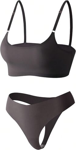 MakeMeChic Women's 3 Pack Solid Adjustable Strap Wireless Bra and Mid Rise Thongs Lingerie Sets in Saudi Arabia