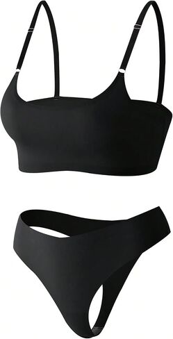 MakeMeChic Women's 3 Pack Solid Adjustable Strap Wireless Bra and Mid Rise Thongs Lingerie Sets in Saudi Arabia